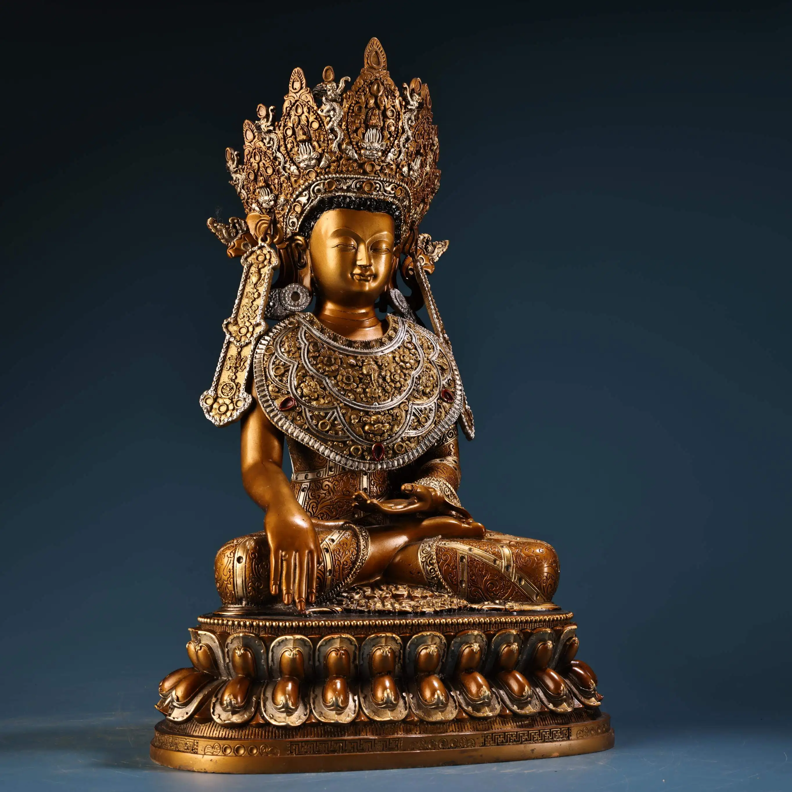 Antique Bronze Gold Silver Tibetan Jowo Buddha Statue Serene Face Heavy Patina Fine Workmanship