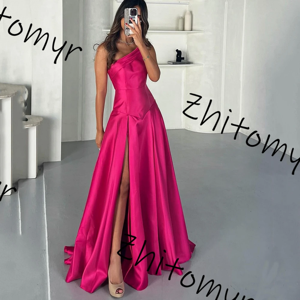 Simple one-shoulder Satin A-line Sleeveless long Prom Dresses 2024 High Slit Floor length Pleat Evening Party Dresses