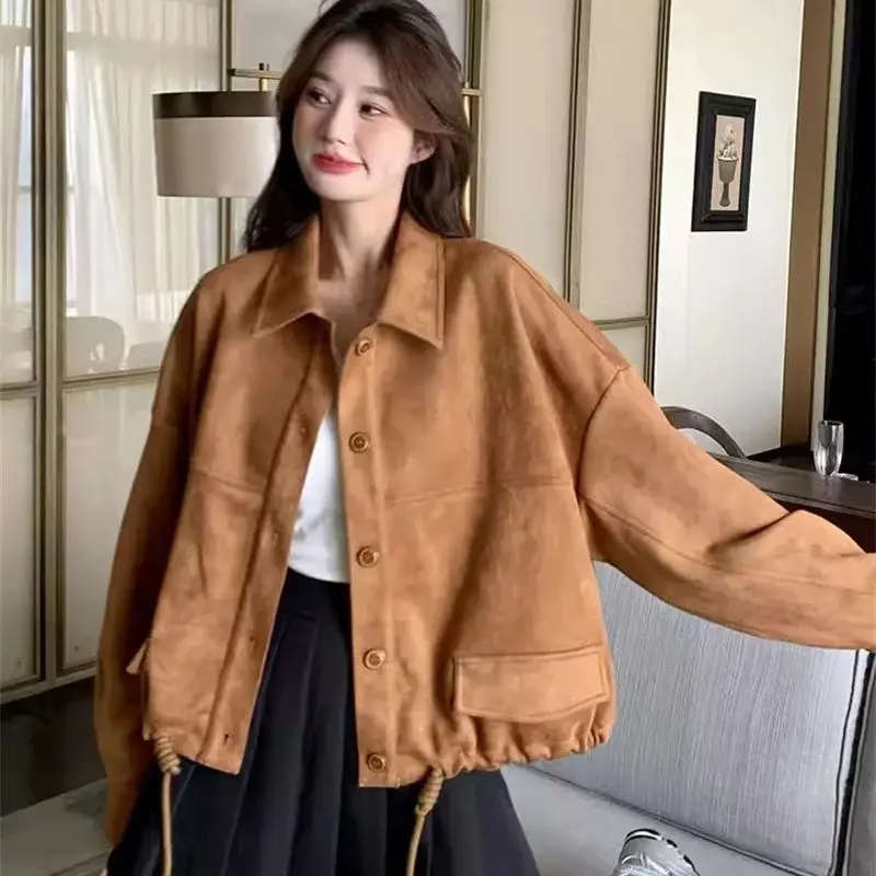 Retro Suede Short Jacket for Women in Spring and Autumn 2024 New Loose Fitting Casual and Versatile Small Jacket for Commuting S