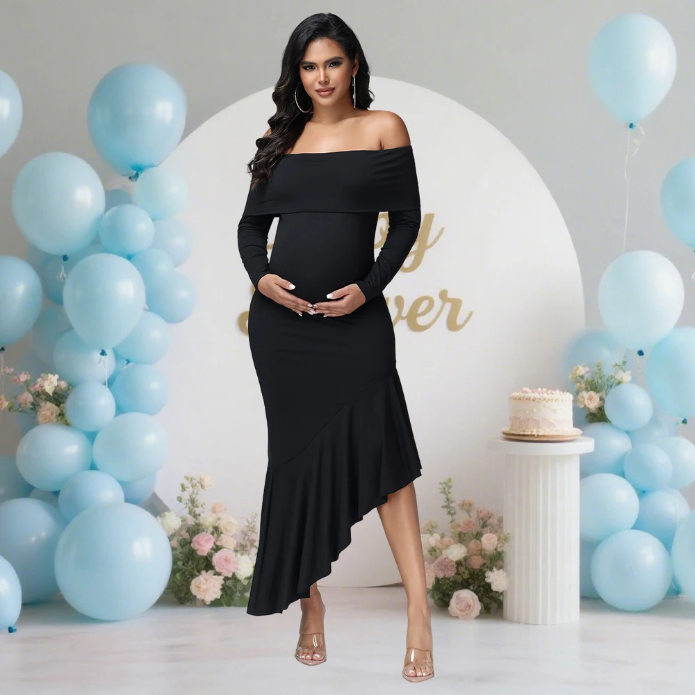 

Платье для беременных с открытыми плечами и длинными рукавами, асимметричное платье с рюшами по подолу для фотосессии, детского душа