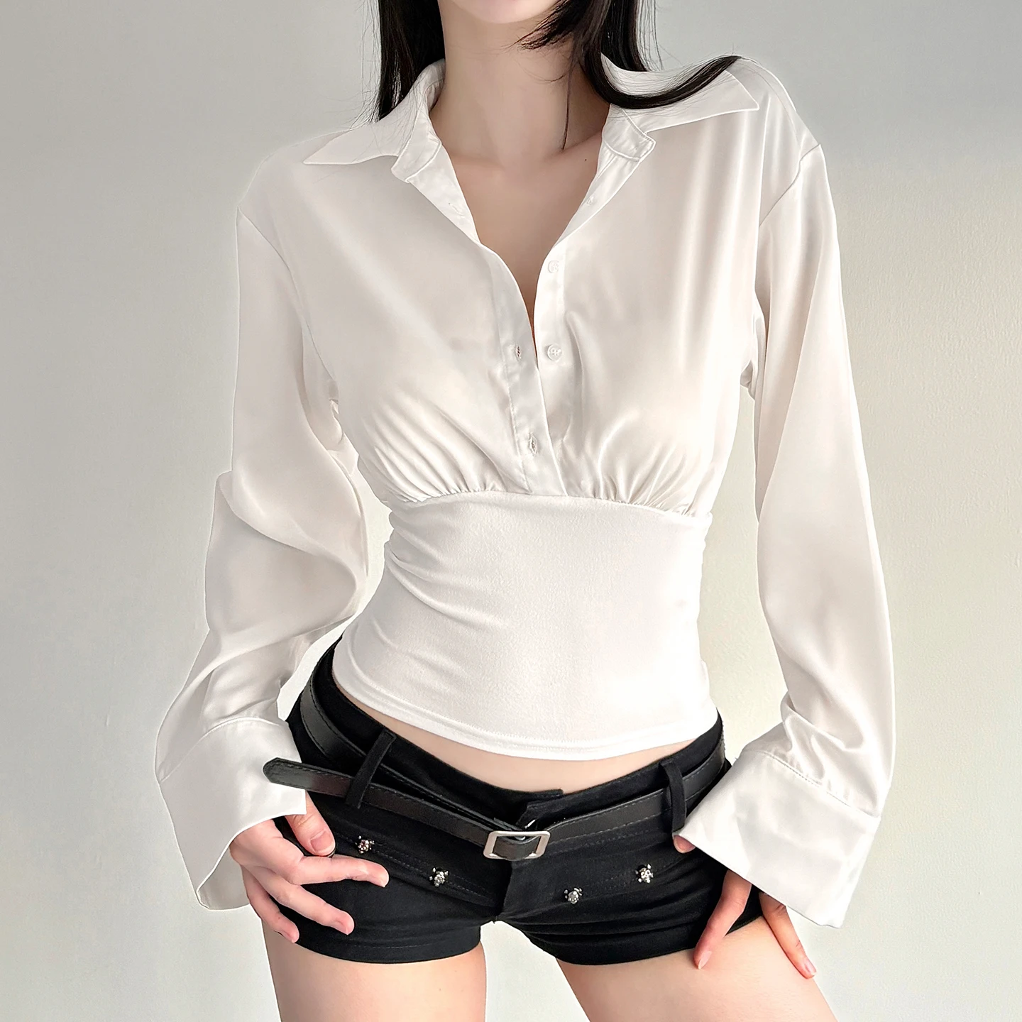

Офисная женская блузка с длинным рукавом, элегантная модная повседневная базовая однотонная рубашка с v-образным вырезом и рюшами на талии, облегающая рубашка, женский модный топ 2025 г.