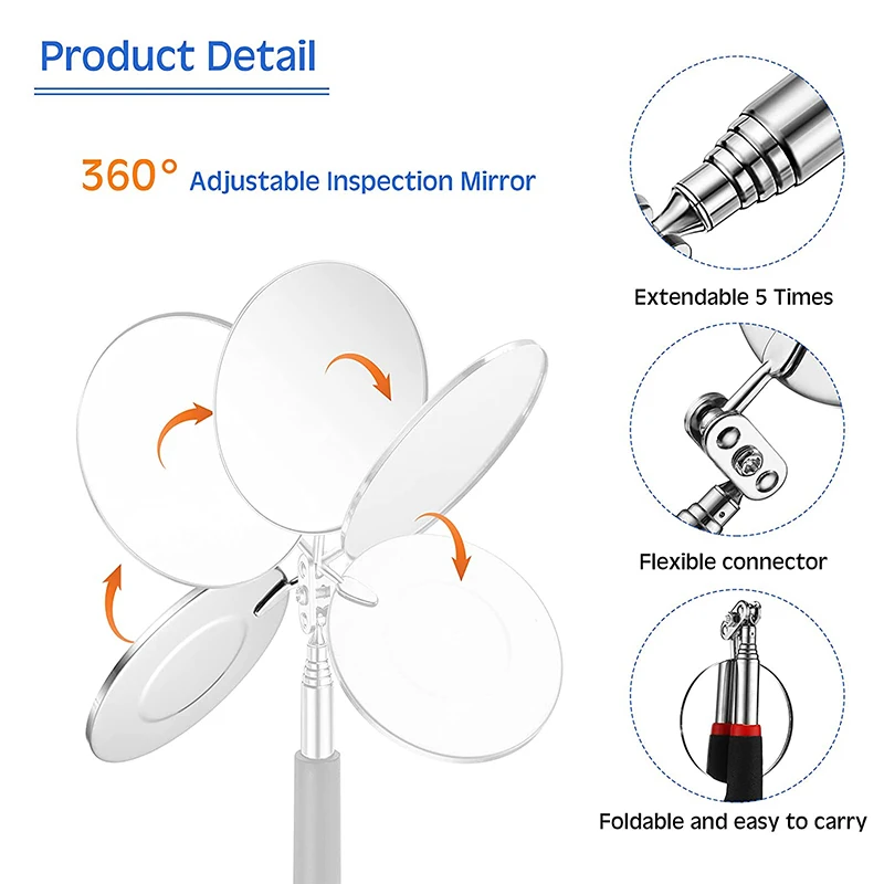 Espejo redondo de inspección telescópica para coche, pluma de visión de ángulo de extensión retráctil ajustable de 50mm, 360
