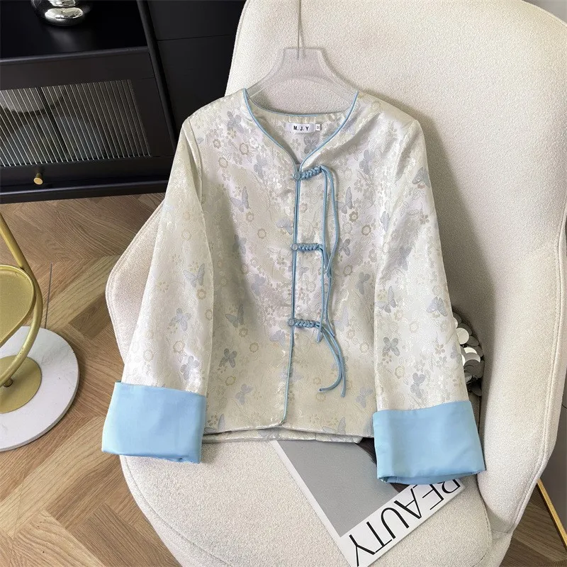 

New Chinese coat national style disc blue satin jacquard niche design