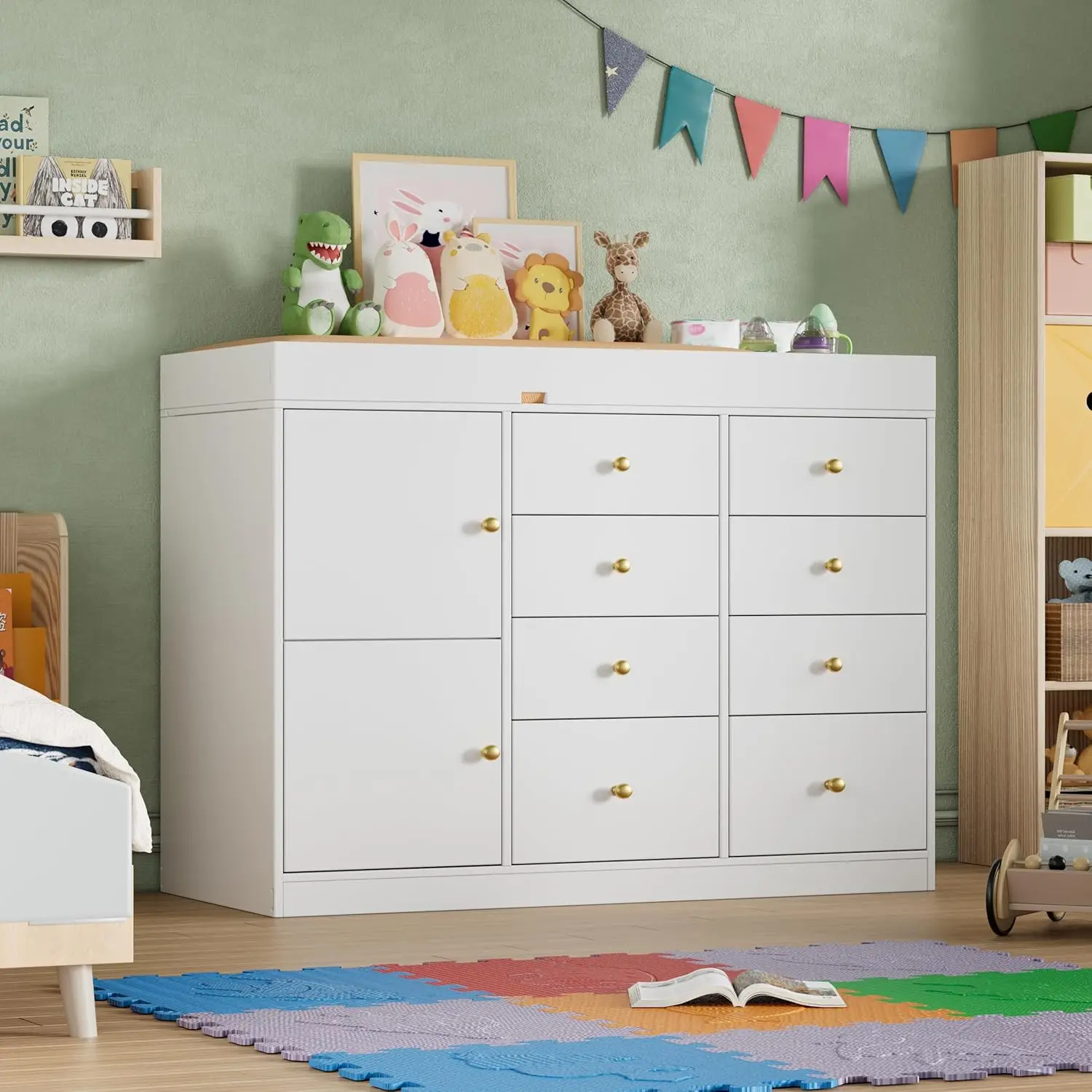 

Changing Table Dresser, Baby Classic Nursery Dresser with 8 Drawers and 2 Cabinet, Multi-Functional Baby Changing, Customized