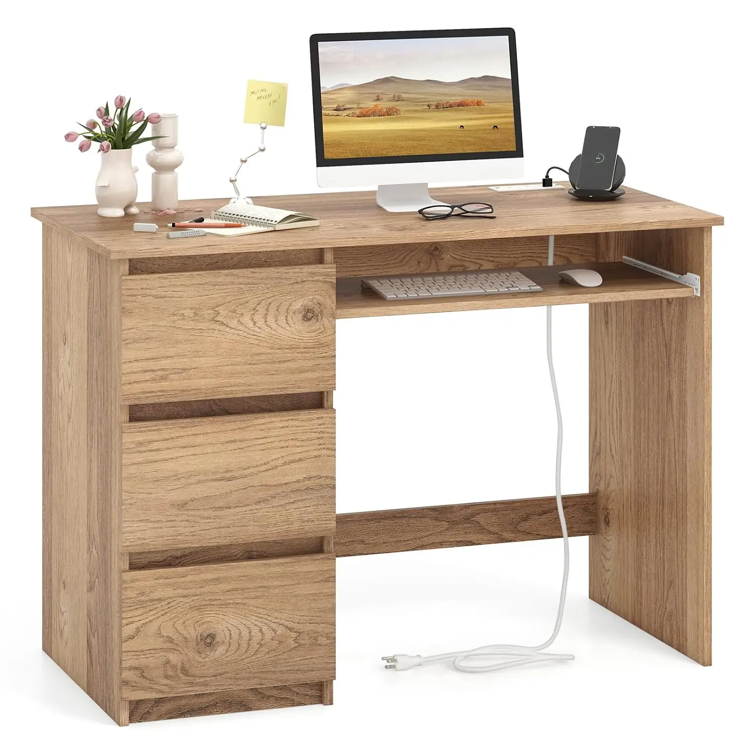 Computer Desk With Drawers & Charging Station, Keyboard Tray, Home Office Workstation, Study Table For Bedroom, Customized