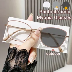 Cat Eye Photochromic Myopia Glasses Fashion Metal Frame Color Changing Near Sight Eyewear Anti Blue Light  Minus Diopter Glasses