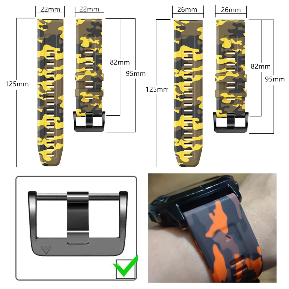 26 22mm Camo Silicone Quick Release Strap For Garmin Fenix 5 5X 6 6X Pro 7 7X Enduro 2 945 Quick fit Smartwatch Band Bracelet