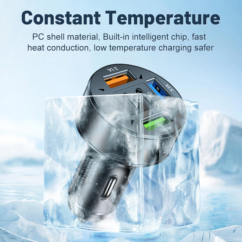 Cargador de coche de 100W y 5 puertos, carga rápida PD QC3.0 USB C, adaptador de cargador de teléfono para coche con voltaje de 12V-24V, encendedor de cigarrillos para coche