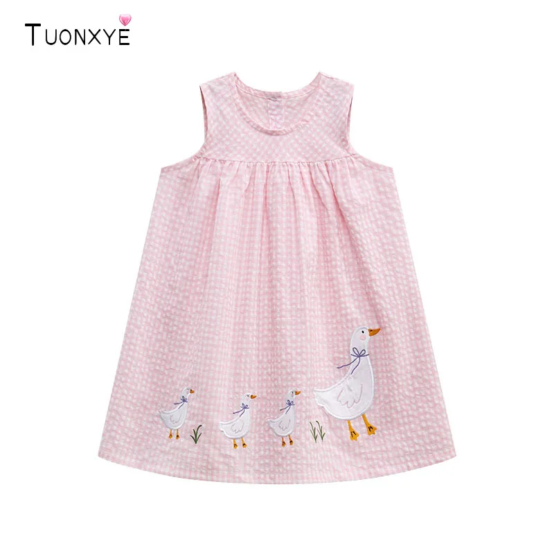TUONXYE Sommer Atmungsaktives Ärmelloses Mädchenkleid Weiches Kariertes Knopf-Besticktes Cartoon-Tier Lässiges Kinderkleid