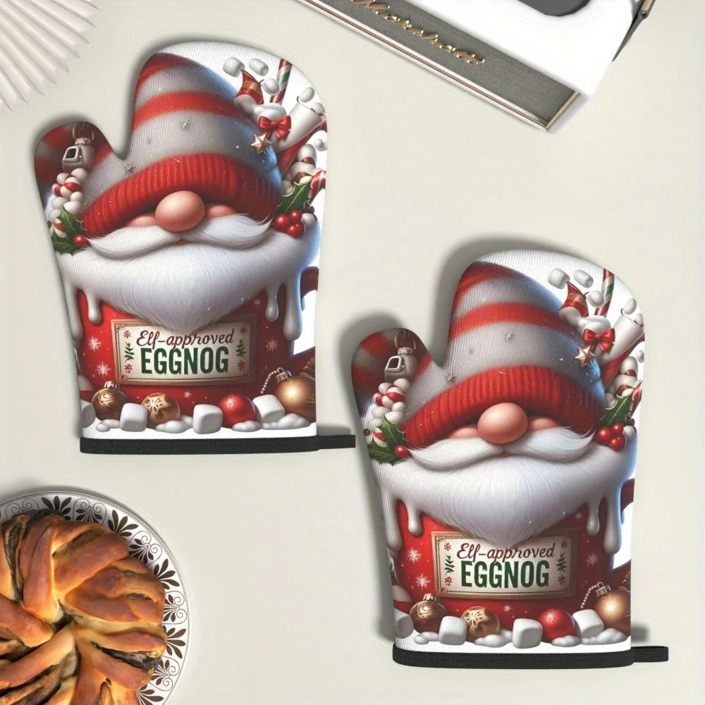 2pcs Festive Gnome Christmas Oven Mitts Heat Resistant Kitchen Gloves, Red with White Beard Hat Design for Grilling Cooking