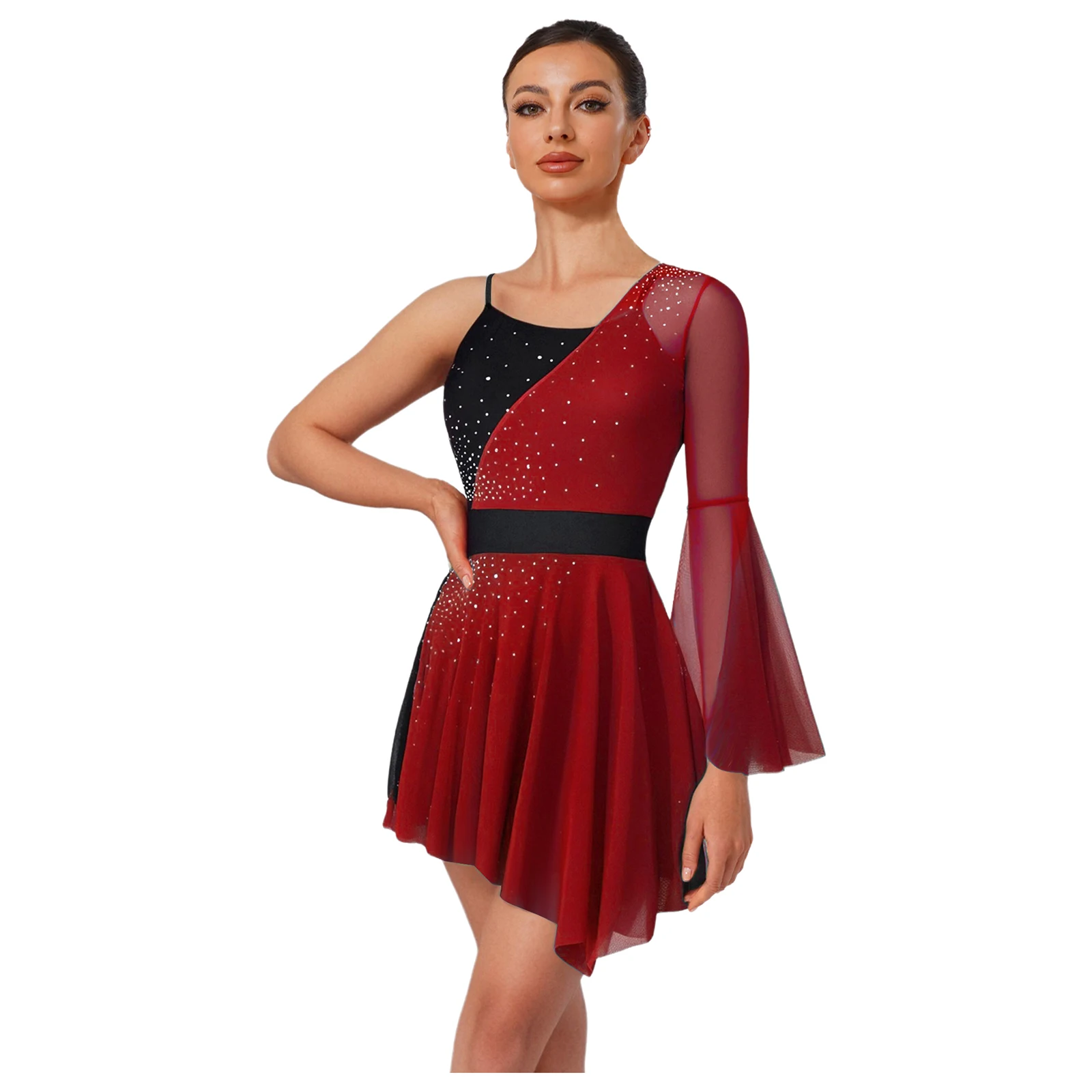 

Women Leotard Figure Skating Dress Dance Costume Color Block One Flare Sleeve Patchwork Chiffon Dress for Lyrical Modern Skating