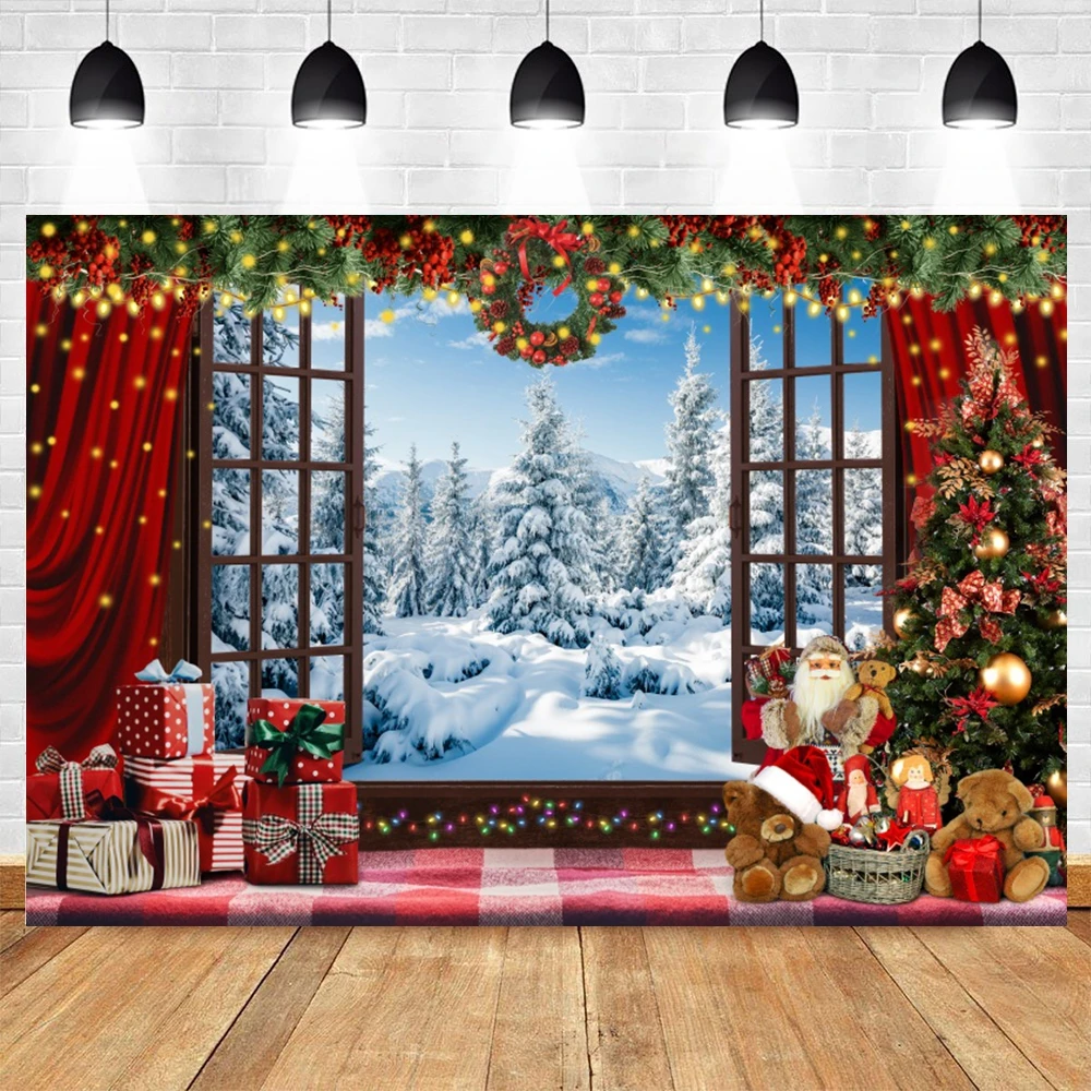 Christmas Fireplace Photography Backdrops Xmas Tree Window Christmas Eve Background Family Party Decor Banner Photobooth Props