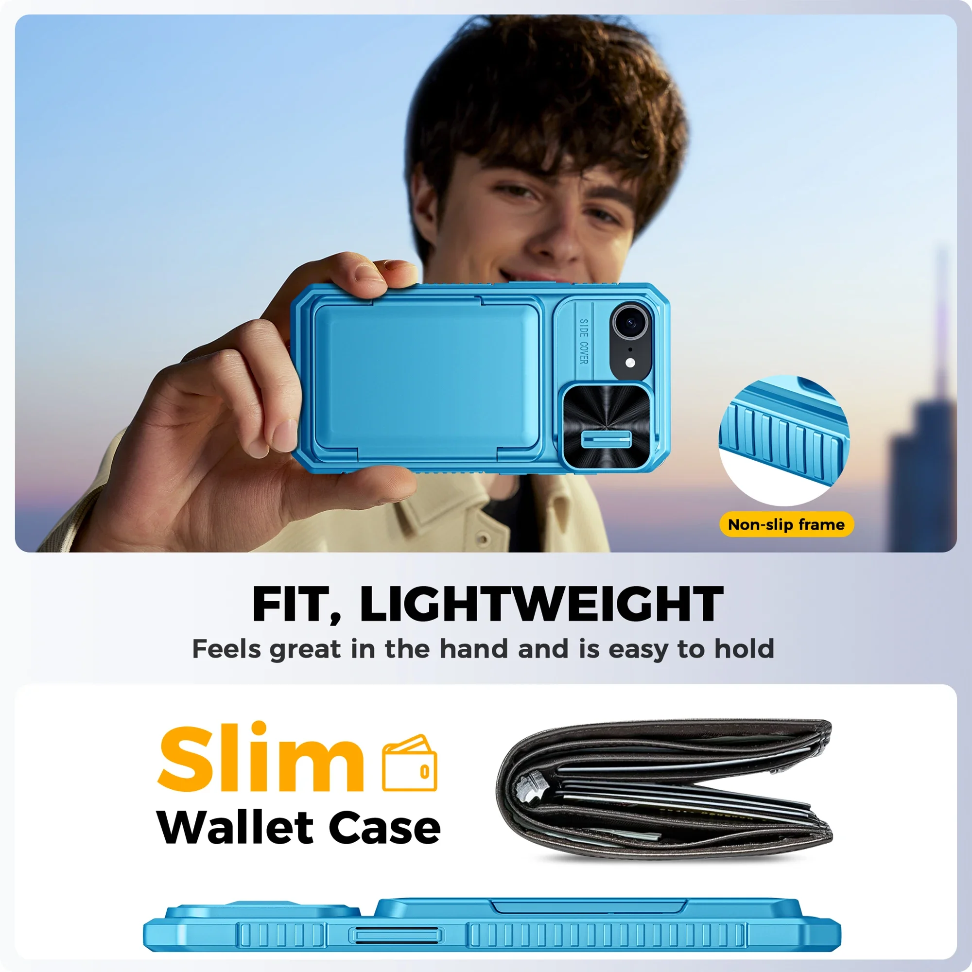 هدايا الهالوين، حامل بطاقات محفظة RFID، غطاء كاميرا، جراب هاتف واقٍ متين مقاوم للصدمات لهاتف iPhone 16 E-Light Blue