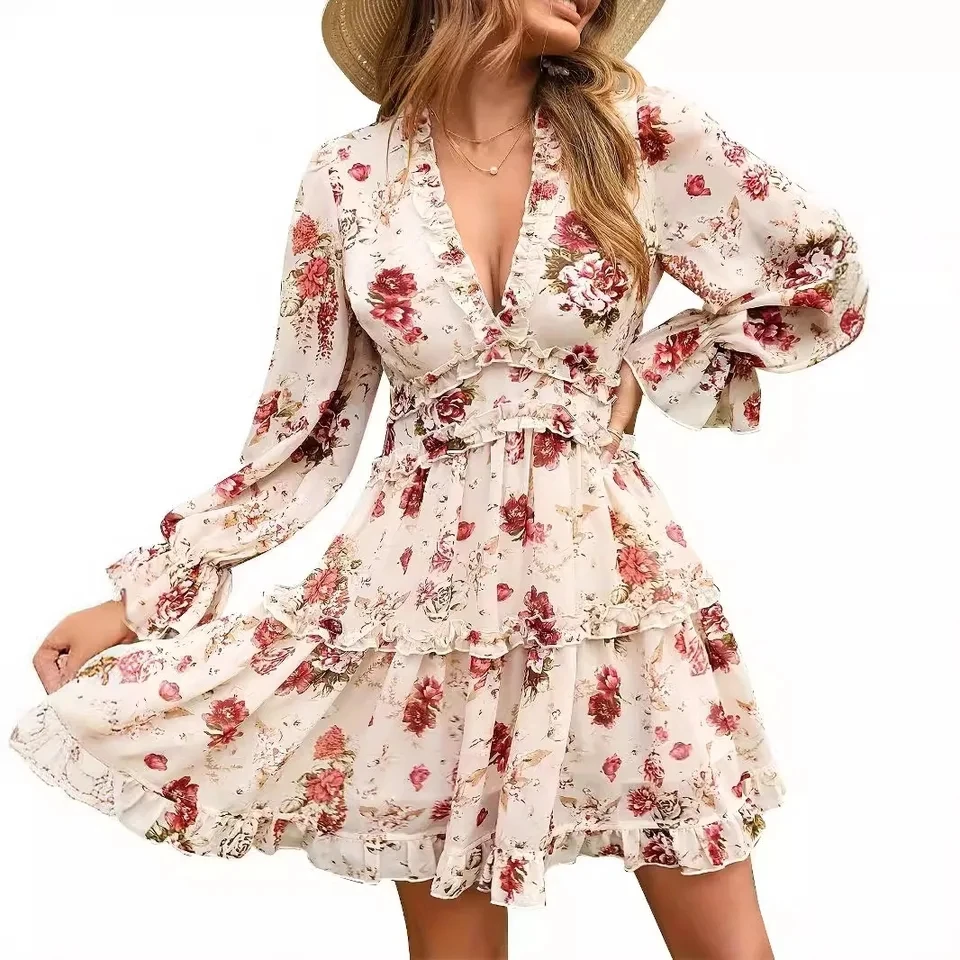 

Autumn Women V-neck Long-sleeved Boho Printed Bouquet Waist A-line Dress For Women's Vacation Style Sweet Temperament Mini Dress