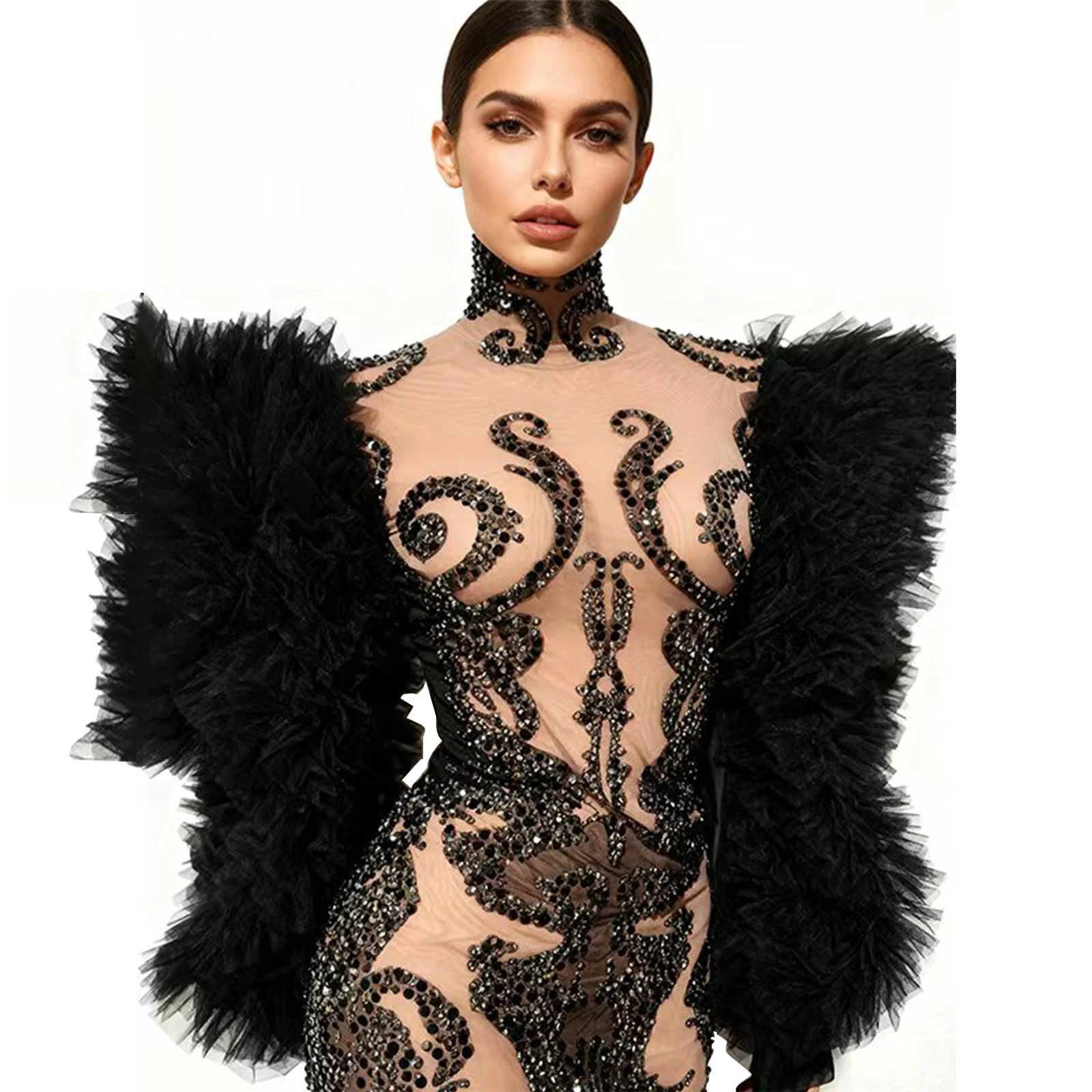 

Luxurious And Sexy Seethrough Tulle Beaded Decoration Highneck Feather Sleeve Dress Party Singer Birthday Nightclub Club Outfit