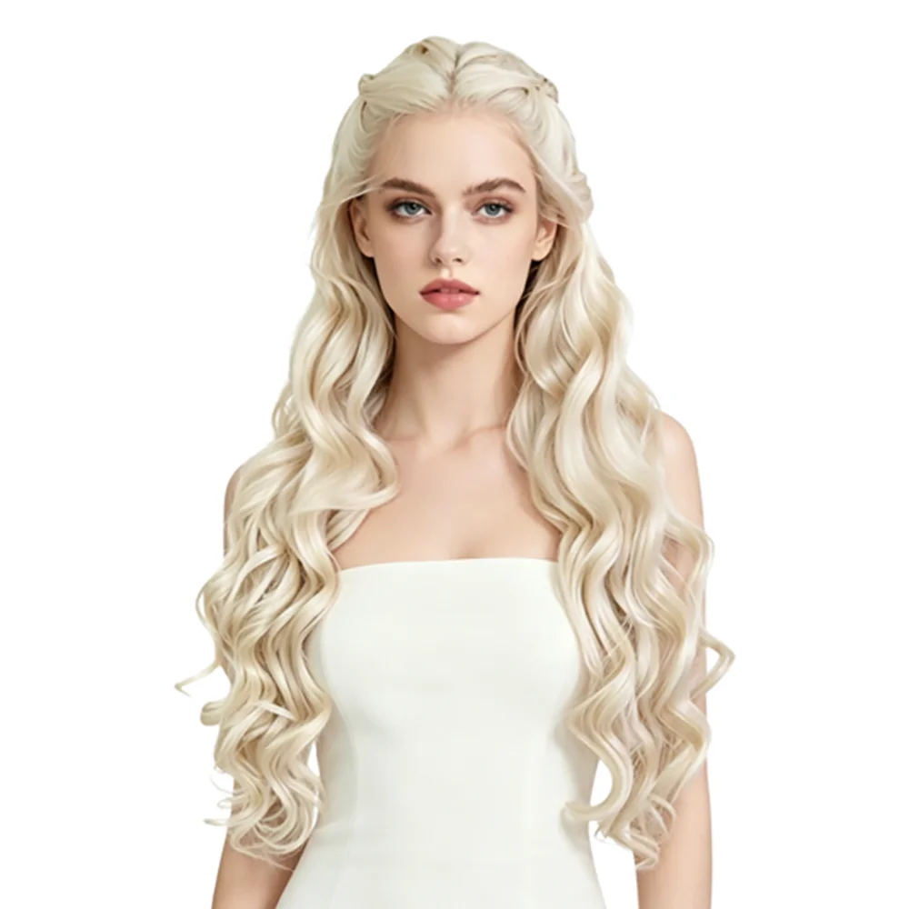 

13x4 Lace Front Wig 24 Inches Light Platinum Blonde Long Wavy Braided Heat Resistant Synthetic Wig For Women Daily Cosplay Party