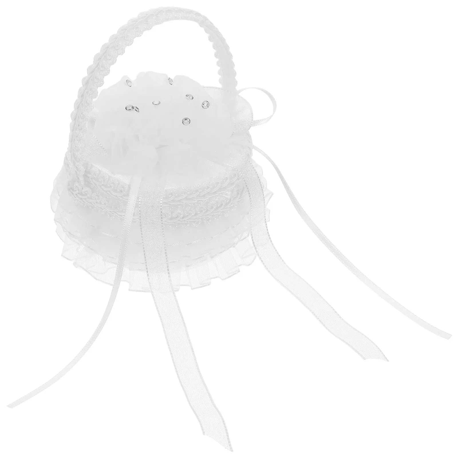 Mini Satin Embroidered Ring Box White Pearl Handle Flower Girl Basket Lace Wedding Ring Pillow Valentine Day Decorative Basket