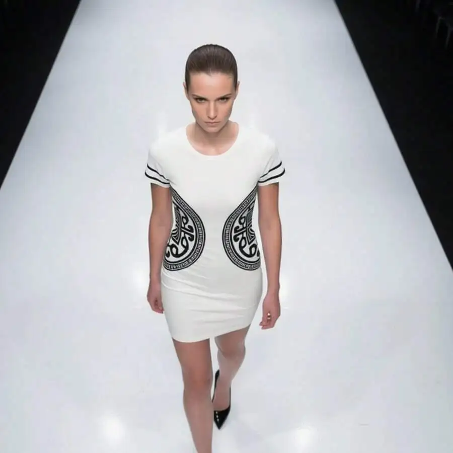 

Elegant Slim Fit Bodycon Mini Dress For Women Black White Geometric Print Short Sleeve Crew Neck Casual