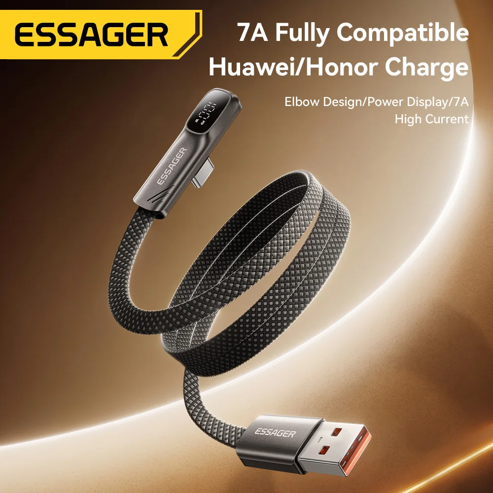 Kabel Essager 100W 7A USB Type-C do szybkiego ładowania z kątowym złączem 90 stopni, kabel USB C z cyfrowym wyświetlaczem danych do Samsunga, Huawei, Honor. — zdjęcie produktu 2