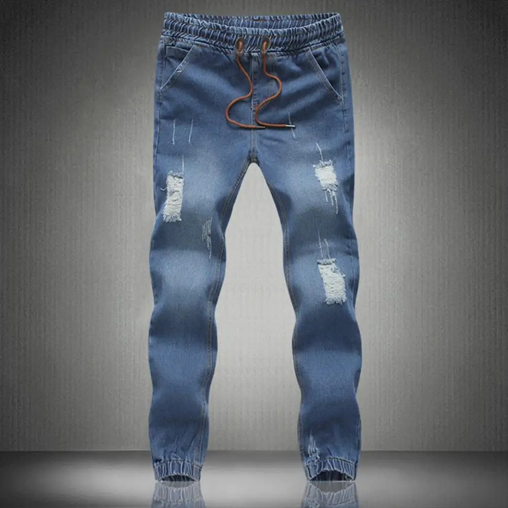 Jeans jeans de cordão masculino, calça lápis, slim fit, comprimento do tornozelo, rasgado, casual, magro, moda