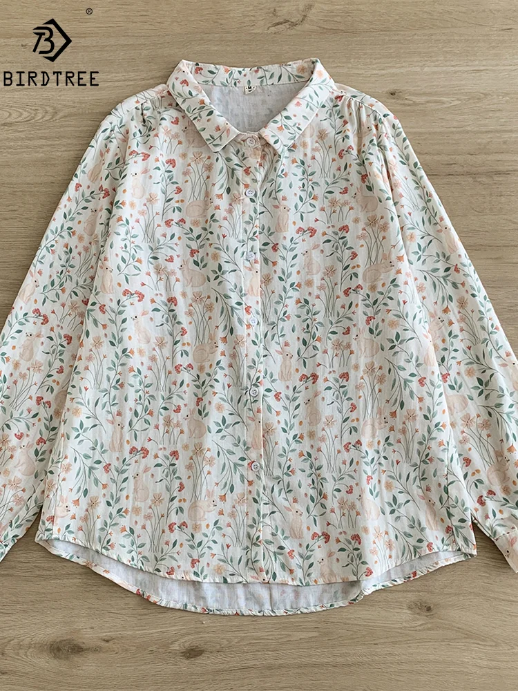 New Summer Cotton Yarn Long Sleeve Shirt, Women Polo Collar Floral Tops, Mori Girl Casual Fashion Loose Blouse, Autumn T48422QM