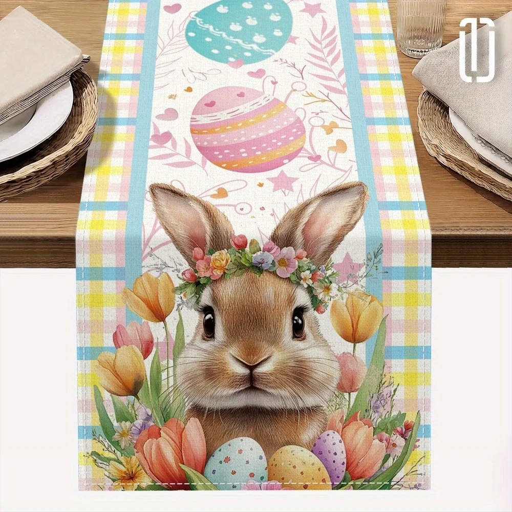 1 Stück Osterhase Blumen-Tischläufer aus Leinen 2D-Druck - Aquarell-Karomuster Tischläufer, Perfekt für Küche Esszimmer Deko