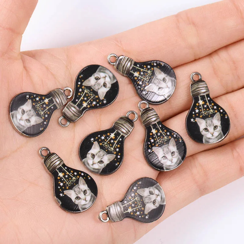 10pcs / Lot 15*25mm Silver Color Alloy Enamel Painted Cat Skull Flower Fish Bulb Pendant Dark Earrings Necklace Bracelet Jewelry