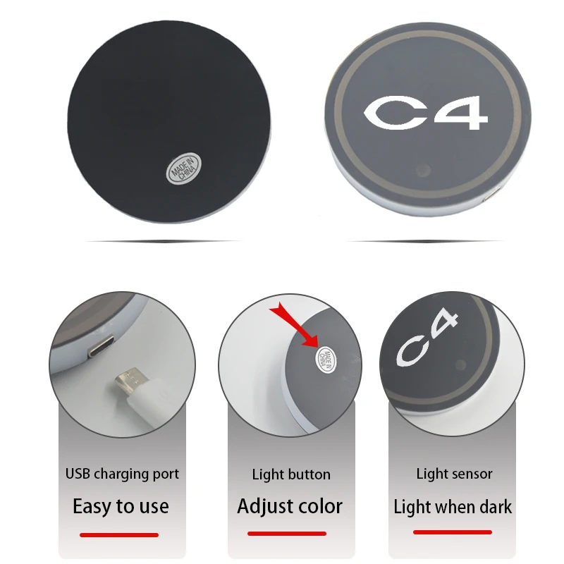 2 Pcs Car Cup Holder Coaster for Citroen C4 with 7 Colors Changing USB Charging Mat Cup Pad Insert LED Interior Atmosphere Lamps