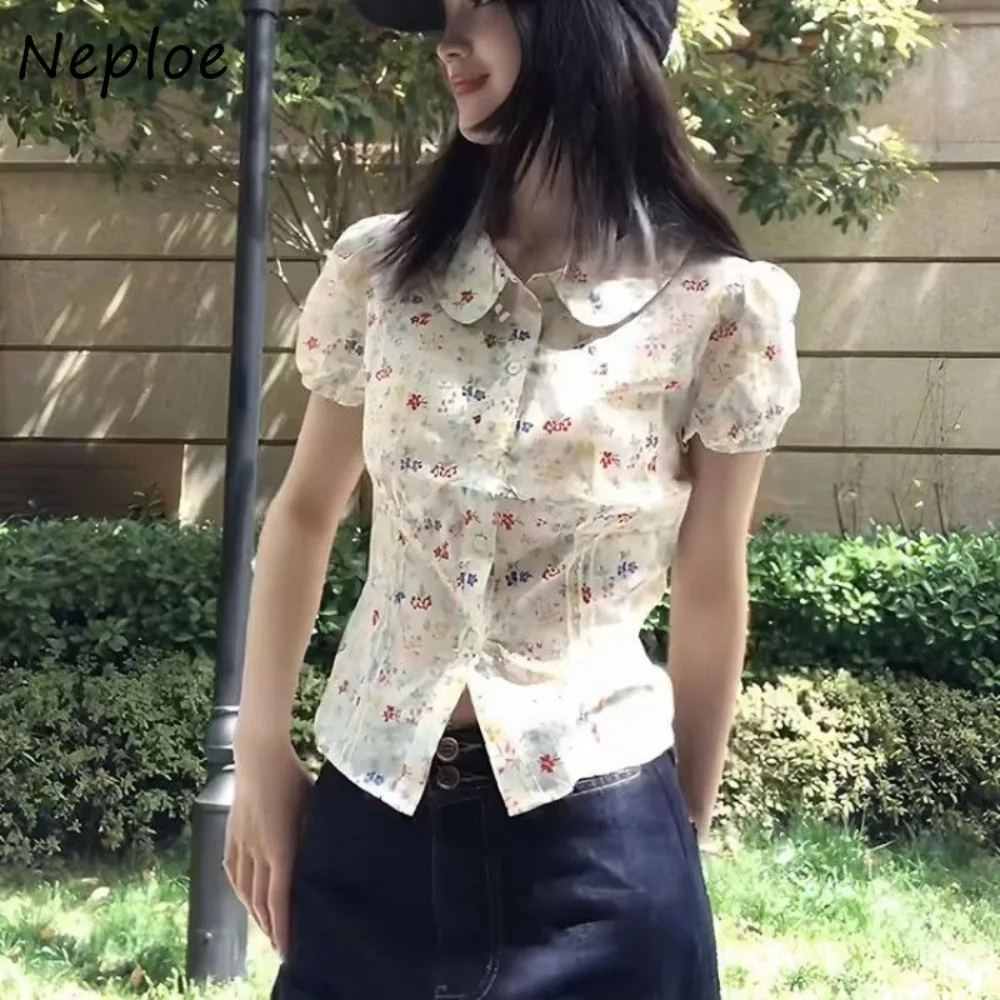 

Neploe Gentle French Print Puff Sleeve Crop Top Age Reduction Short Sweet All-match Blusas Lovely Slim Waist New Exquisite Shirt