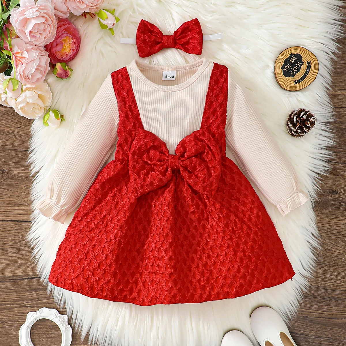 

Toddler Baby girl Dress Red Spliced Large Bow Princess Dress+Bow headband Suitable for 0-3 Year Baby girl New Year dress
