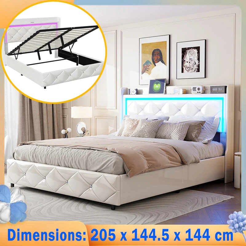 Letto Creahappy imbottito morbido - Struttura letto matrimoniale imbottita morbida in pelle PU - Testiera con funzione di ricarica e luci a LED