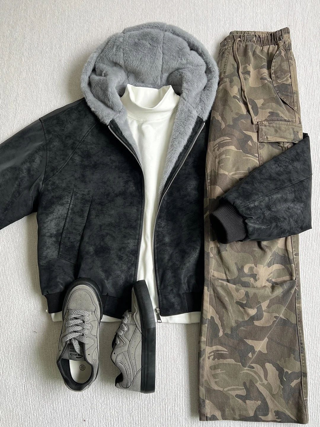 

Men's Bla Fce Lined Thiened Leather Jaet with Fur Collar A-Line Sle Faionable Urban Winter Coat for Teens