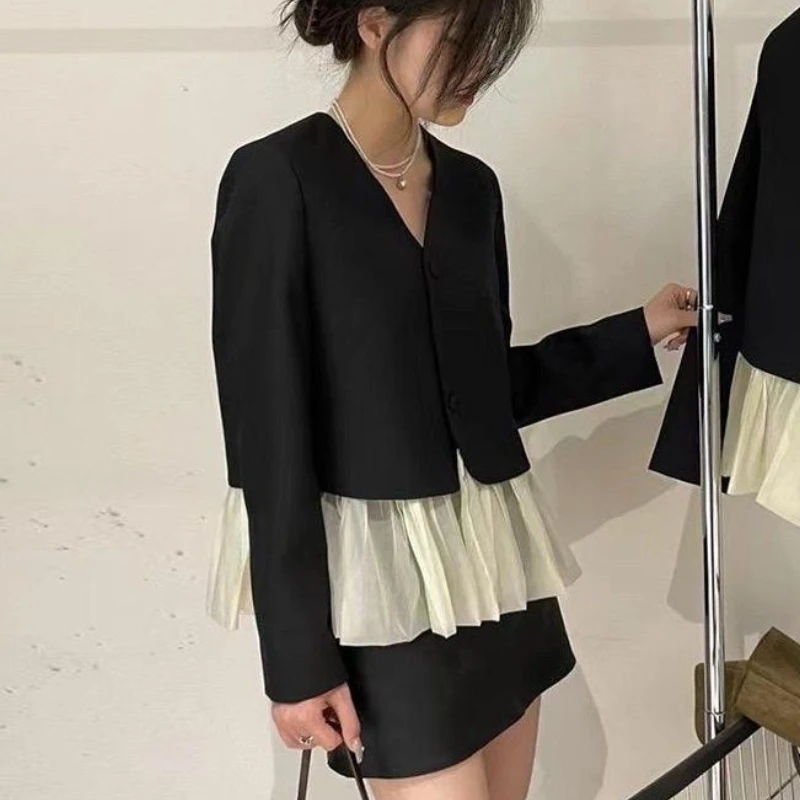 Spliced Casual Blazers Women Fake Two Piece Vintage Ladies Hotsweet Temper Elegant V-neck French Stylish Personal Fashion Ins