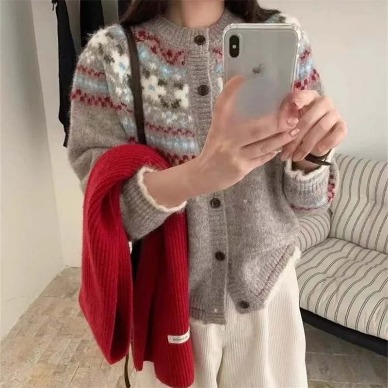 

Retro Style Fair Isle Knit Casual Sweater Jacket Women Slimming Loose Color Block Open Cardigan Outerwear