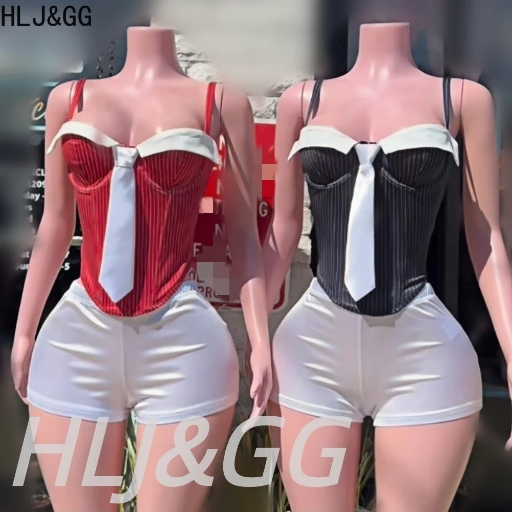 

HLJ&GG Fashion Trend Stripe Print Slim Tank Top Two Piece Sets Women Spaghetti Strap Vest And Shorts Outfits Y2K 2pcs Streetwear