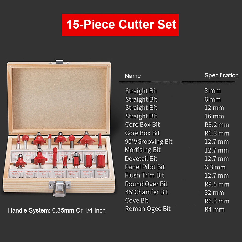 15pc / Set Woodworking Wood Milling Cutter Bits 1/4\'\' 6.35mm 8mm Shank Carbide Router Cutter For Wood Router Milling Engraving