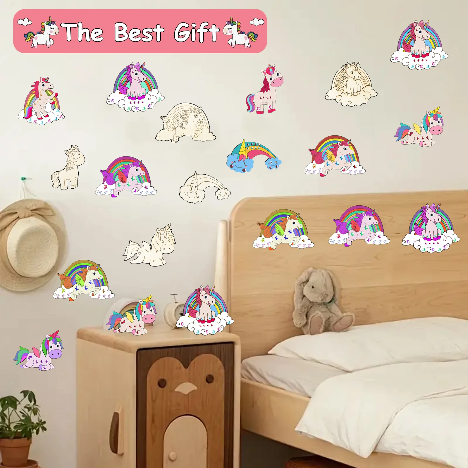 270PCS 나무 유니콘 수공예품 세트, DIY 나무 수공예품, 유니콘 수공예품 세트, 생일 선물 세트, 생일 파티 Handicra