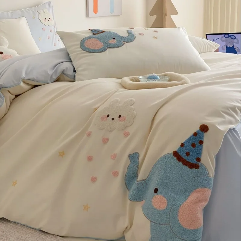 Class A Winter Cotton Abraded Bedding Four-piece Set Cartoon Children's Bedroom Thickened Quilt Cover Bed Sheet Bedding Set