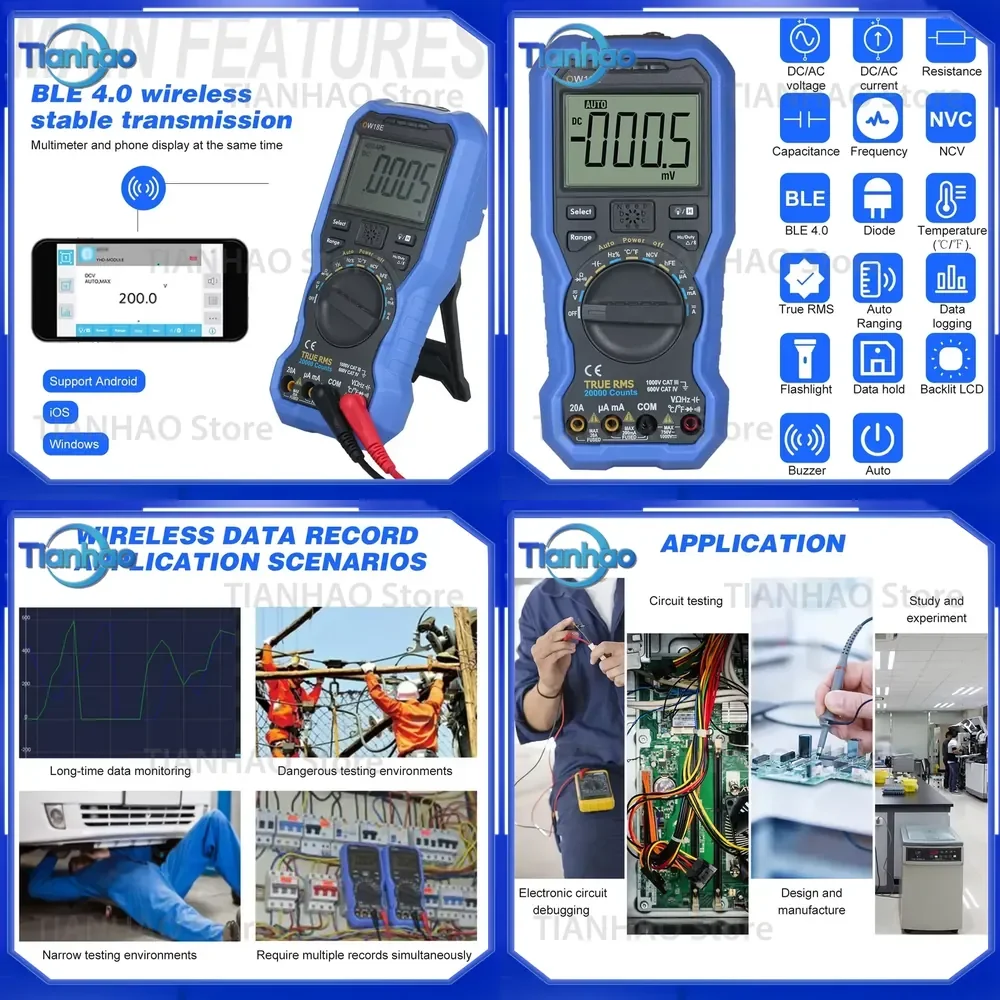 OW18E 4 1/2 Digit Smart BLE 4.0 True RMS Digital Multimeter with Wireless Connection Data Logging Auto-ranging LCD Display