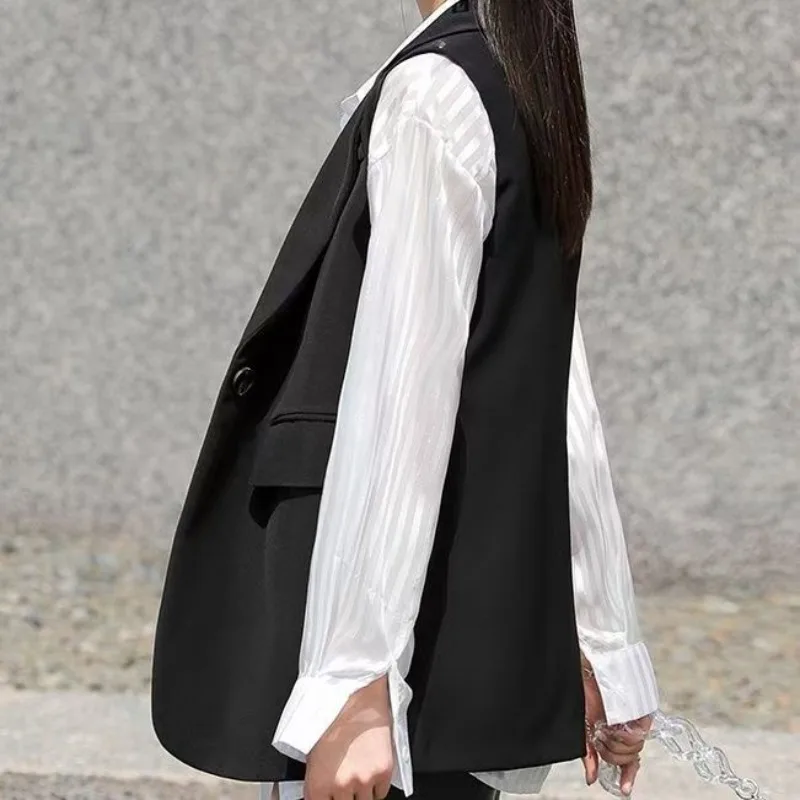 Women's Short Black Coat College Suit Vest Outerwear Design Spring Autumn New Trendy Street Style Suit Sleeveless Jackets
