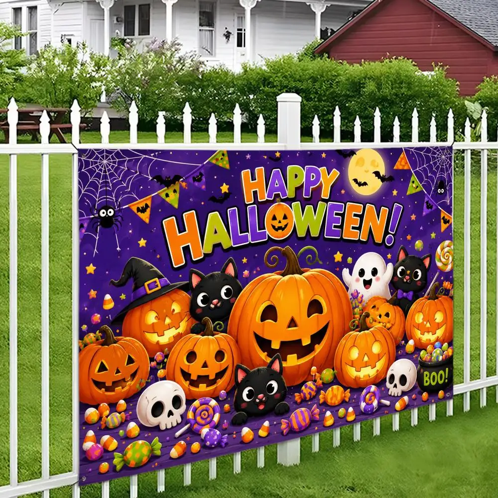 Halloween flag vivid print durable hang reusable porch yard wall party pumpkins black cats ghosts skulls bats candy moon Flags