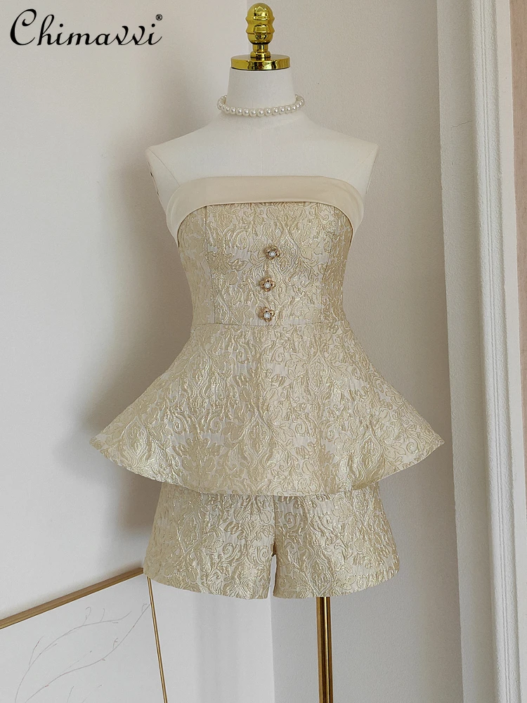 

French Style Elegant Socialite High-end Shorts Set Sleeveless Slim Strapless Top High Waist Shorts Jacquard Two-piece Sets Women