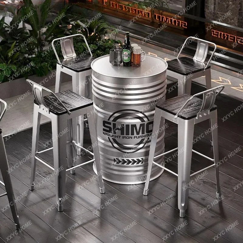 XXIndustrial wind oil drum bar loose table wrought iron card seat table and chair creative high table and chair combination