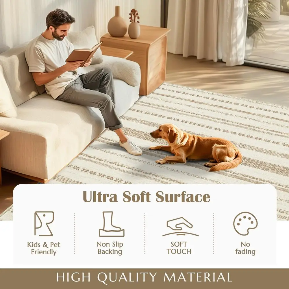 8x10 Moroccan Bohemian Rug - Neutral Beige Ripple Pattern, Machine Washable, Non-Slip for Living Room, Bedroom, and Office