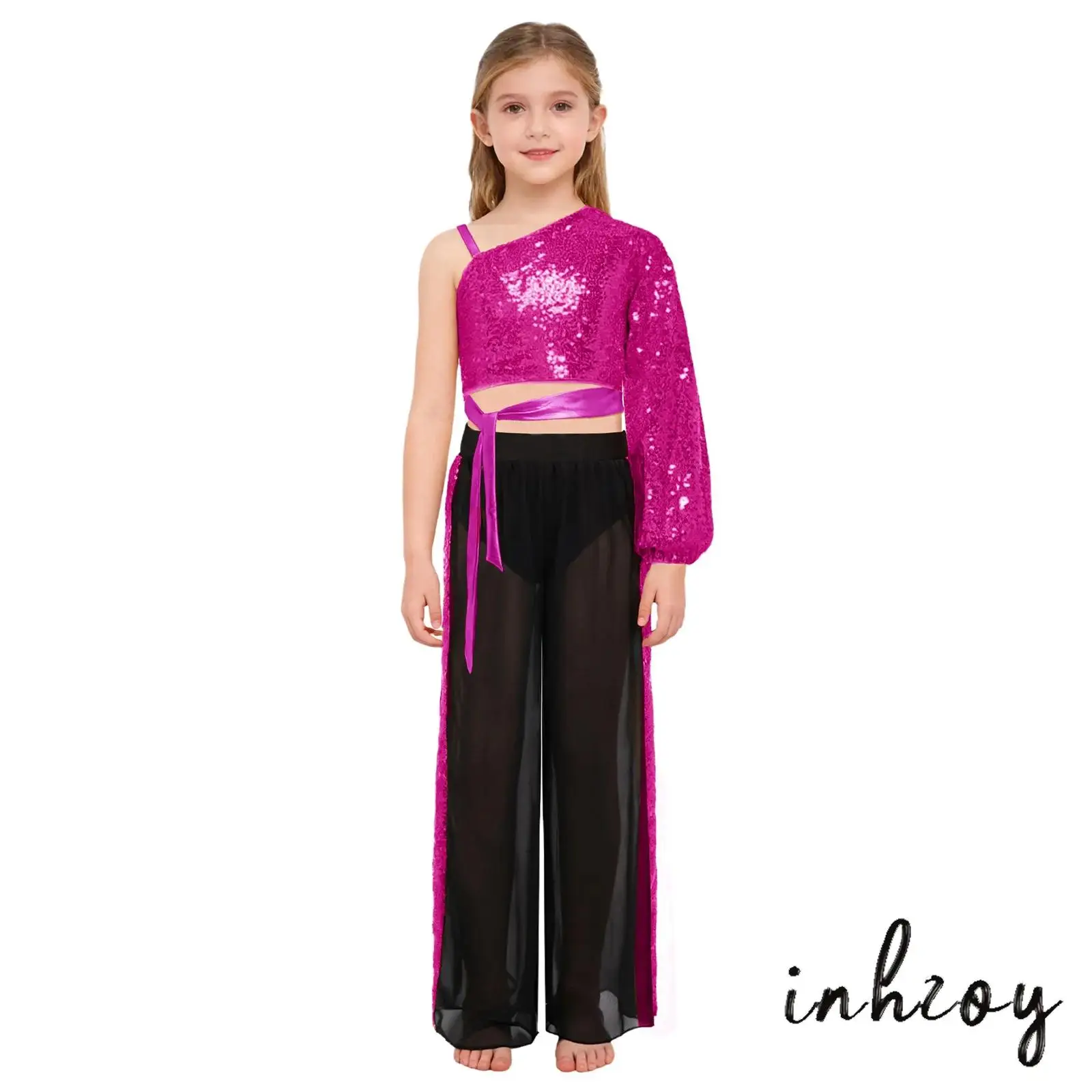 

Girls Jazz Lyrical Dance Outfit One Shoulder Long Sleeve Shiny Sequins Crop Top with Chiffon Wide-Leg Pants for Hip Hop Dance