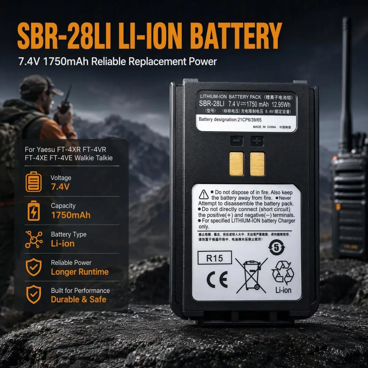 SBR-28LI 7.4V 1750mAh Li-ion Replacement Battery for Yaesu FT-4XR FT-4VR FT-4XE FT-4VE Two Way Radio Walkie Talkie Spare Battery