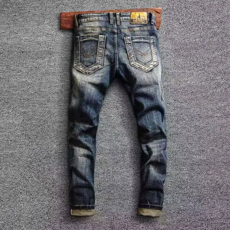 Newly Designer Fashion Men Jeans Retro Black Blue Stretch Slim Fit Ripped Jeans Men Embroidery Patched Vintage Denim Pants Homme