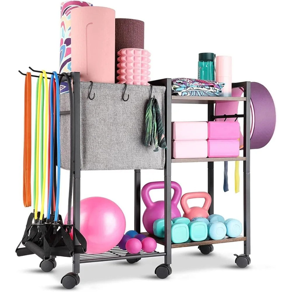 Yoga Mat Holder Storage Rack, Yoga Mat Storage Racks for Dumbbells Kettlebells Foam Roller, with Hooks and Wheels