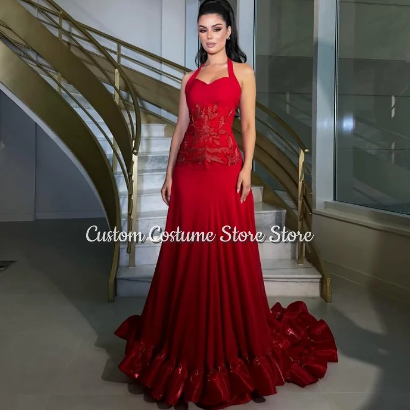 Luxurious Red Evening Gown Halter Neck Lace Beaded A-line Silhouette Dubai Puff Sleeves Train Women's Evening Dress Customized