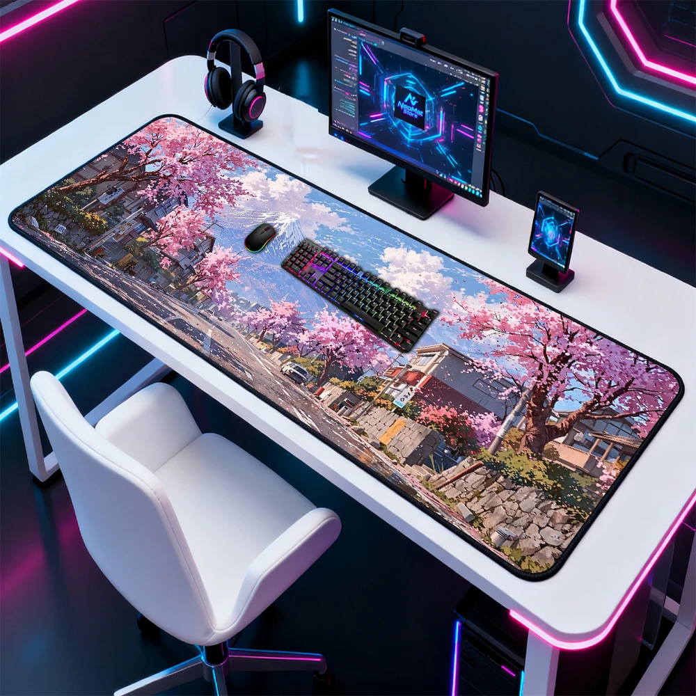 Japanese Sakura Mouse Pad Gaming Desk Mat 120x60 Blossom Mountain View Mousepad Cherry Giant Accessories Full Desk